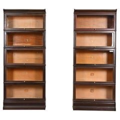 Librerie barrister a cinque ripiani in mogano di Macey, coppia di antichi Arts & Crafts