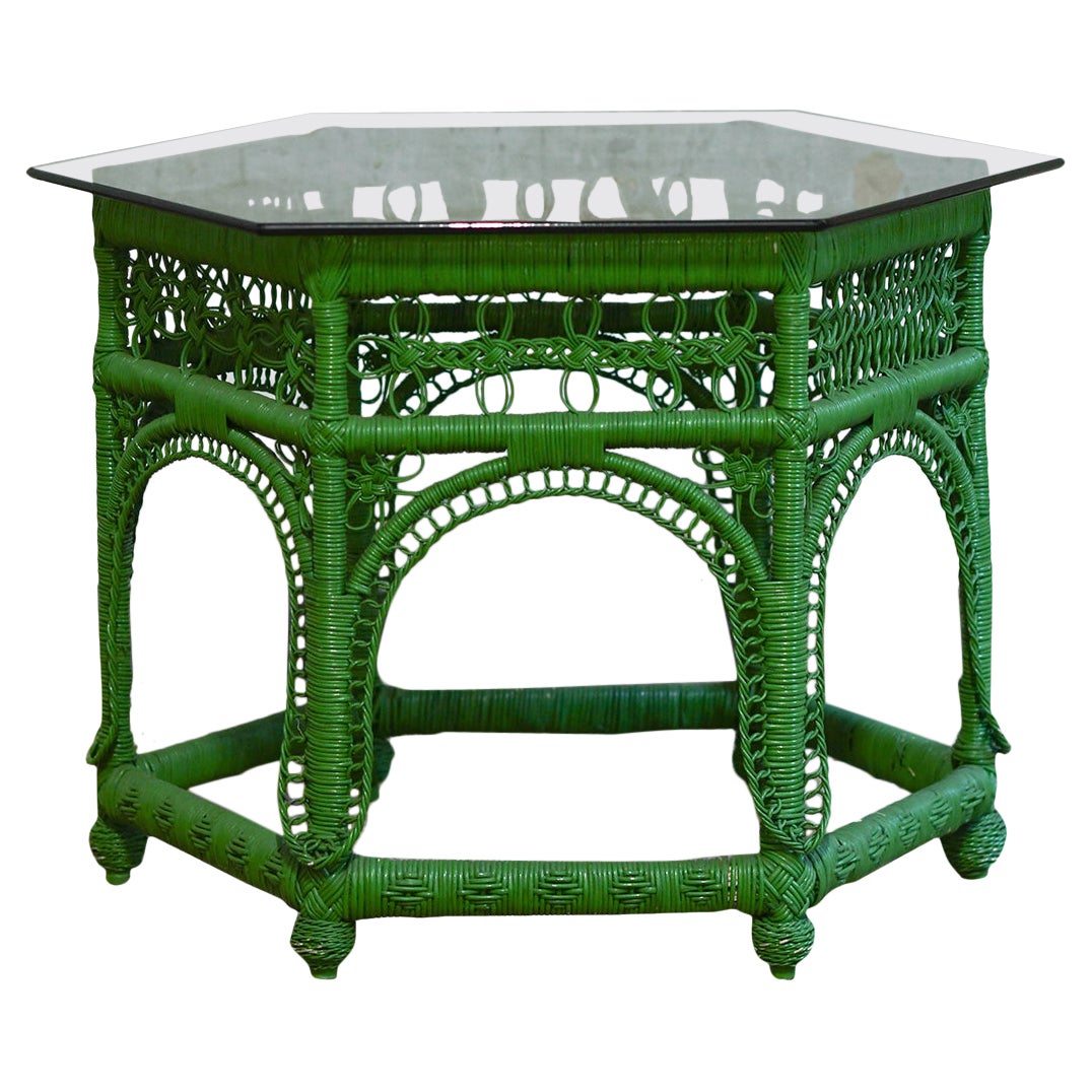 Grüner handgewebter Rattan-Couchtisch, 1970er-Jahre