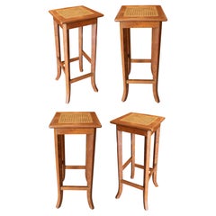 1980s Set of Four Wooden Stools with Wicker Seats