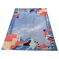Post Modern Memphis Style Rug, Rectangular Blue Area Rug, Geometric