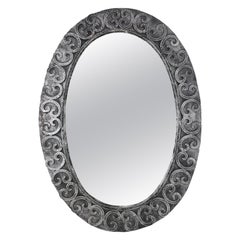 Silvered Brutalist Oval Mirror in Wrought Iron with Scroll Decorations