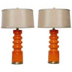 Pair of Tangerine Drip-Glaze Ceramic and Brass Table Lamps