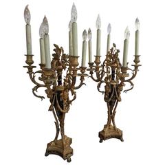 Pair Late 19th Century Early 20th Century Ebony and Bronze Doré Candelabrum 1