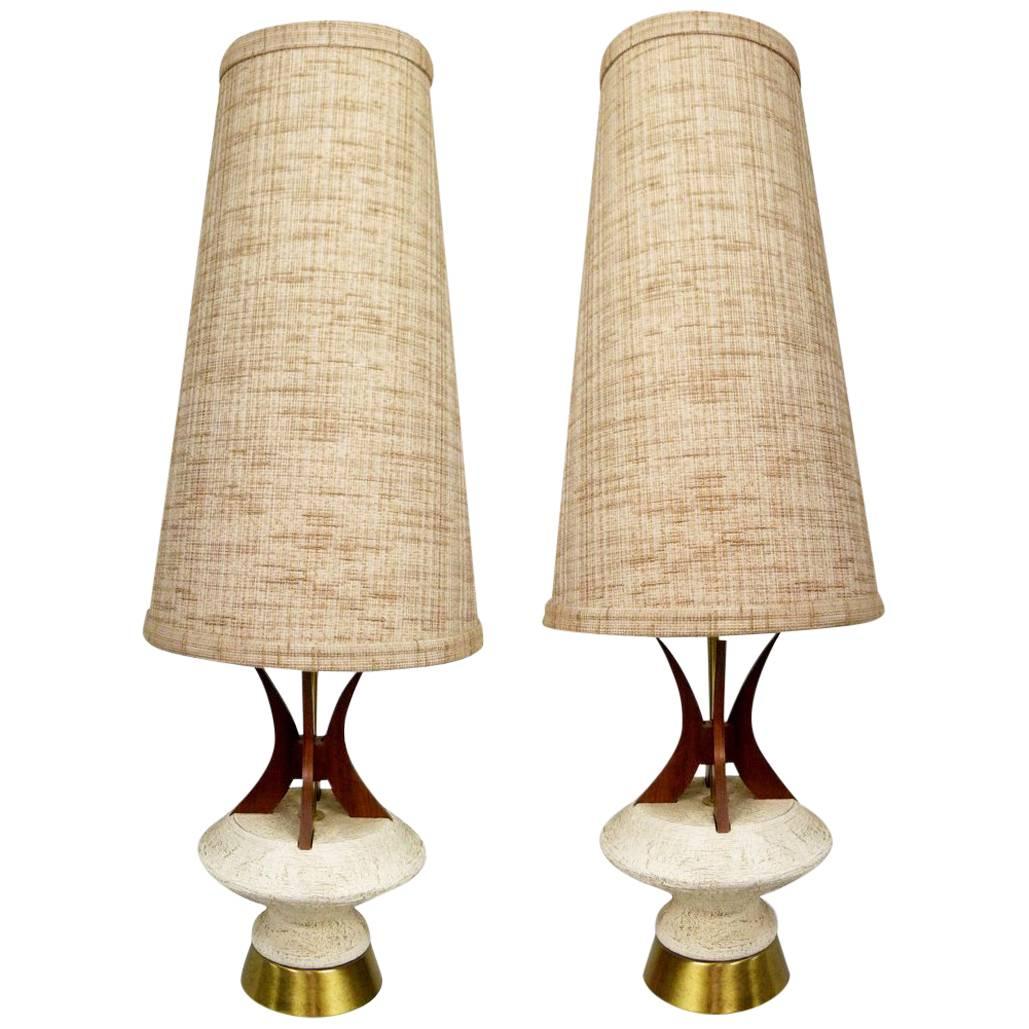 Rare Pair of Large Teak and Chalkware Lamps by Plasto For Sale