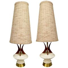 Retro Rare Pair of Large Teak and Chalkware Lamps by Plasto