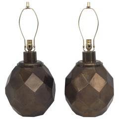 Pair Goemetric Faceted Sphere Lamps in Patinated Bronze Finish