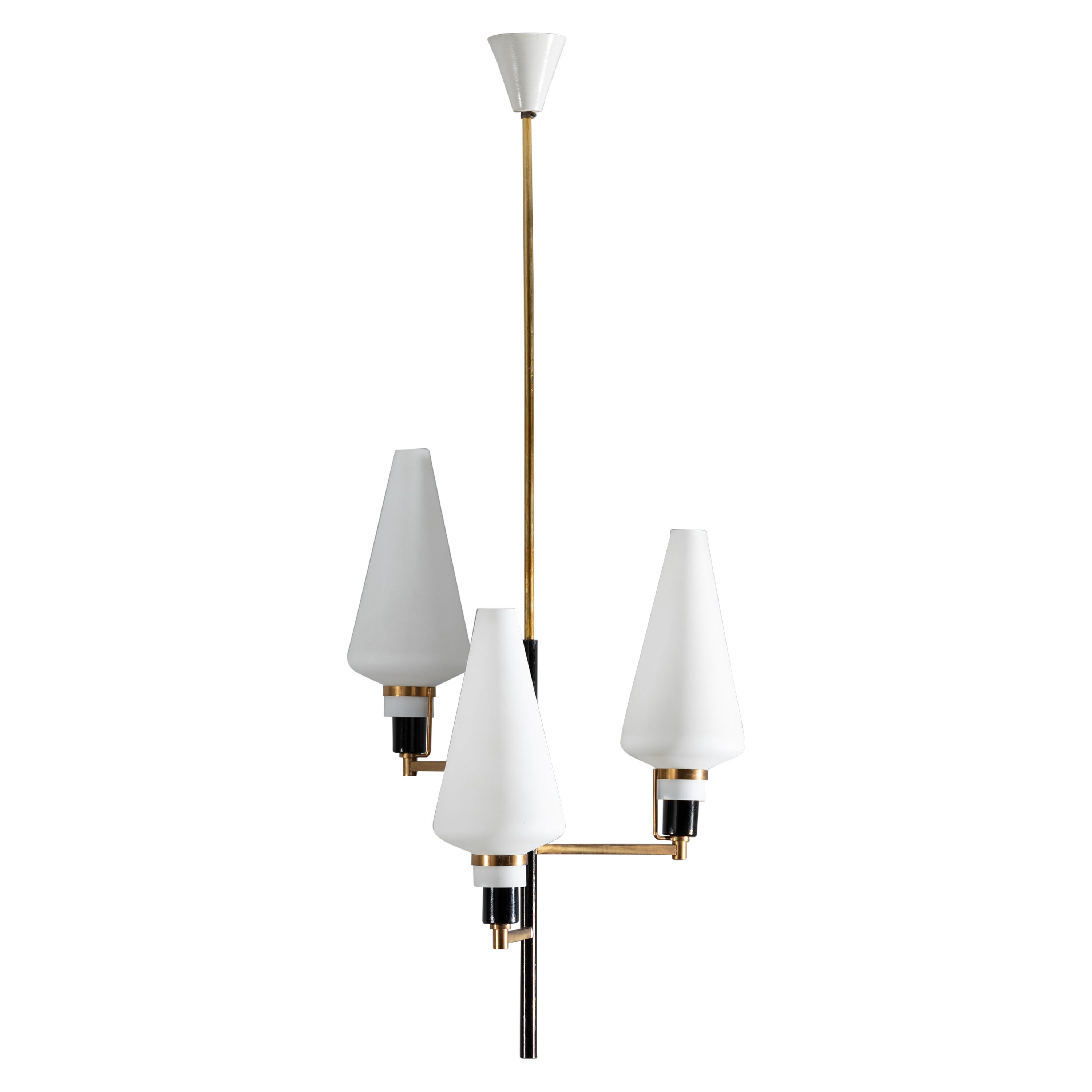 Mid-Century Modern Italian Pendant Chandelier with Brass and Opaline Glass