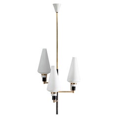 Mid-Century Modern Italian Pendant Chandelier with Brass and Opaline Glass
