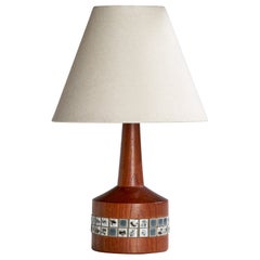 Lampada da tavolo di design svedese, teak, ceramica, Svezia, anni '50