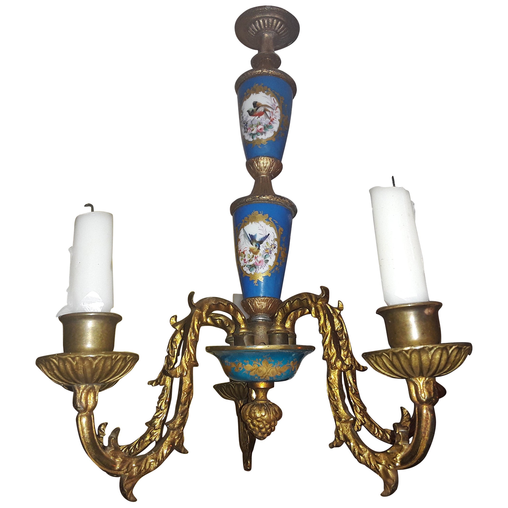 Mid 18thc French Louis XVI Signed Sevres Blue Porcelain and Bronze Chandelier