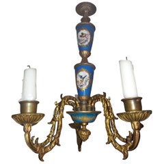 Antique Mid 18thc French Louis XVI Signed Sevres Blue Porcelain and Bronze Chandelier