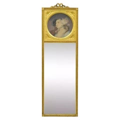 Antique French Louis XV Style Gold Gilt Wood Trumeau Mirror with Portrait Print