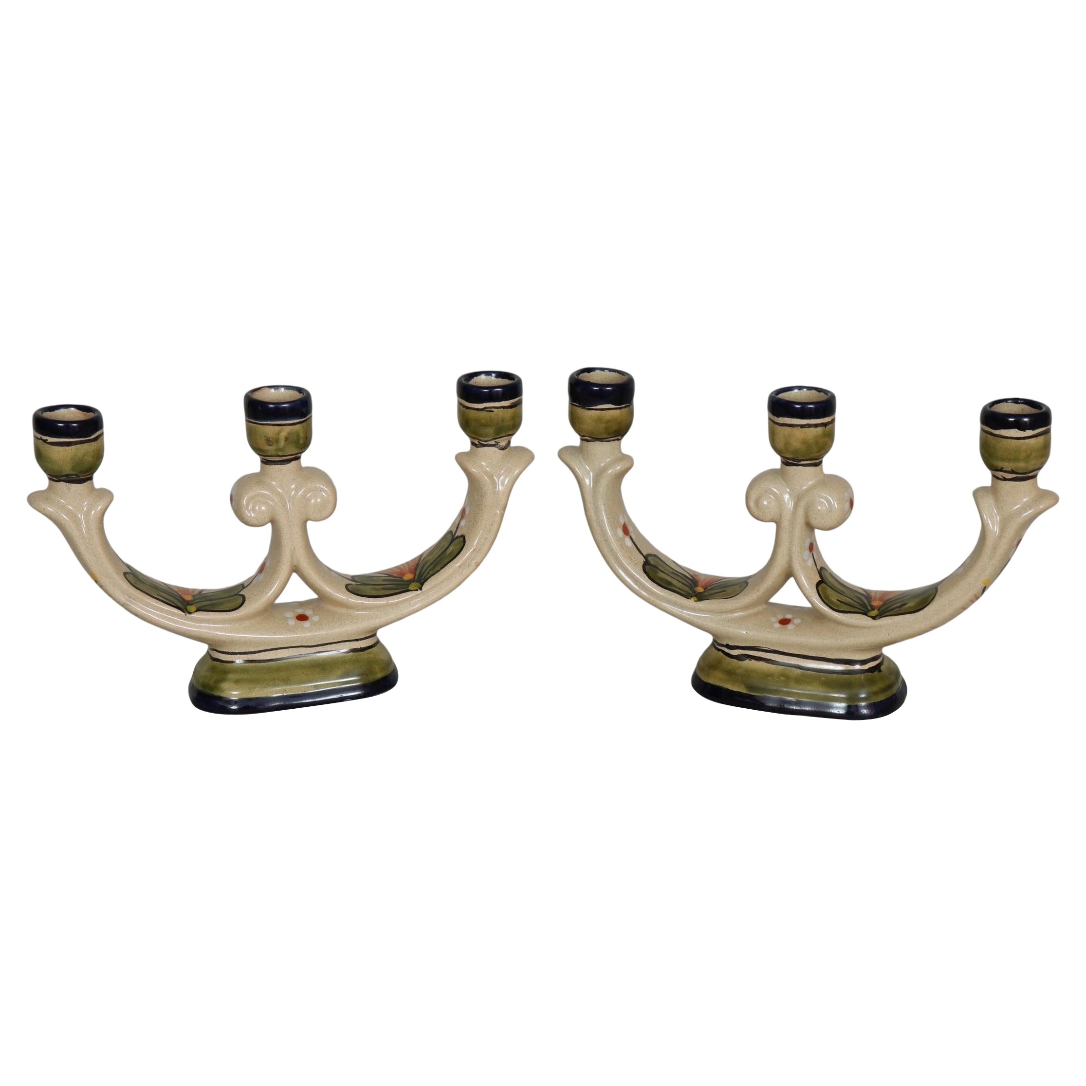 Hand Painted Ceramic Candelabras - a Pair