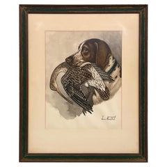 Original Hunting Dog with Foul Watercolor Painting by French Artist Jean Herblet