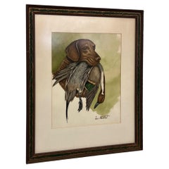 Original Hunting Dog with Foul Watercolor Painting by French Artist Jean Herblet