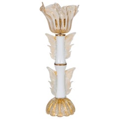 Italian Table Lamp in blown Murano Glass White Gold 24-K & Brass 1970s