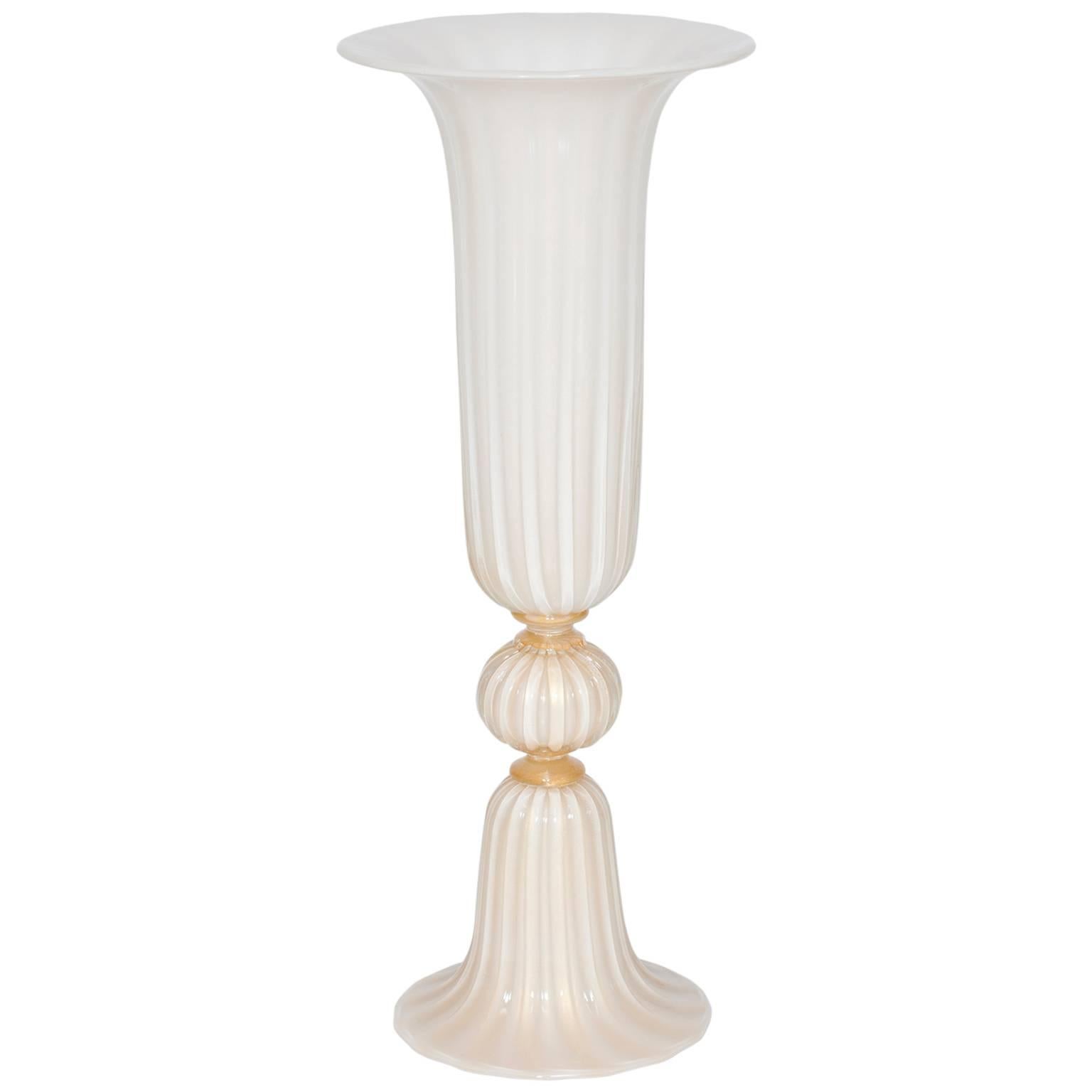 Italian Venetian, Column Vase, blown Murano Glass, White & Gold, Barovier, 1980s