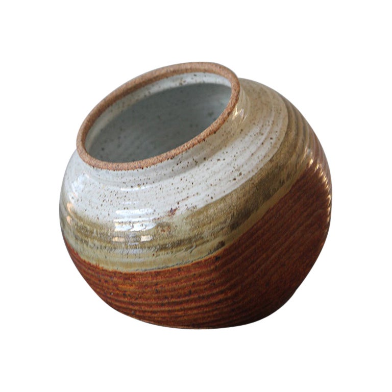 Signed Glazed Stoneware Flat Side Vase For Sale