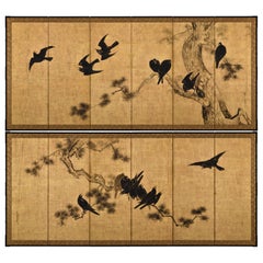 Coppia di paraventi giapponesi della metà del XVIII secolo. Crows & Pines di Unkoku Toshuku.