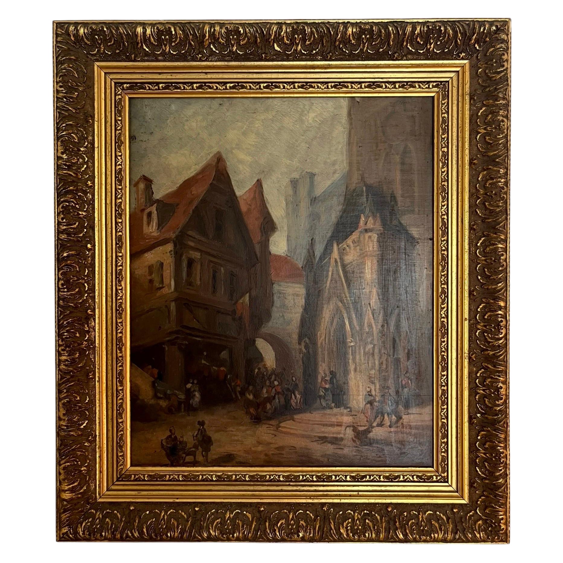 Olio su tavola - Pittura - Scuola dei Trovatori - XIX - Scena di piazza della chiesa - Francia
