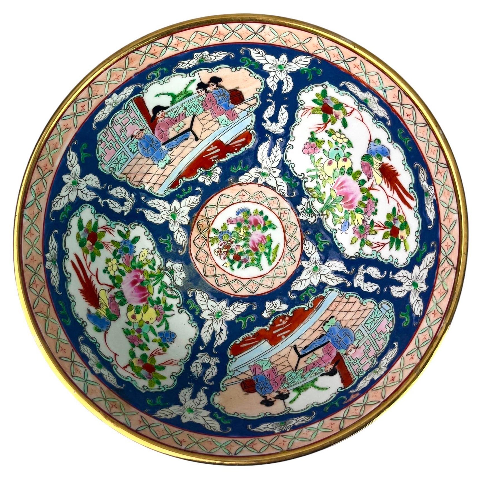 Grande ciotola in porcellana smaltata famille rose con scena di palazzo - Cina - Qing
