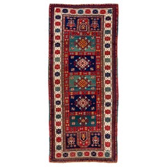 Alfombra Kazak Caucásica Antigua de 4,3x9,6 Pies. Pila llena. Estado original. Hacia 1880