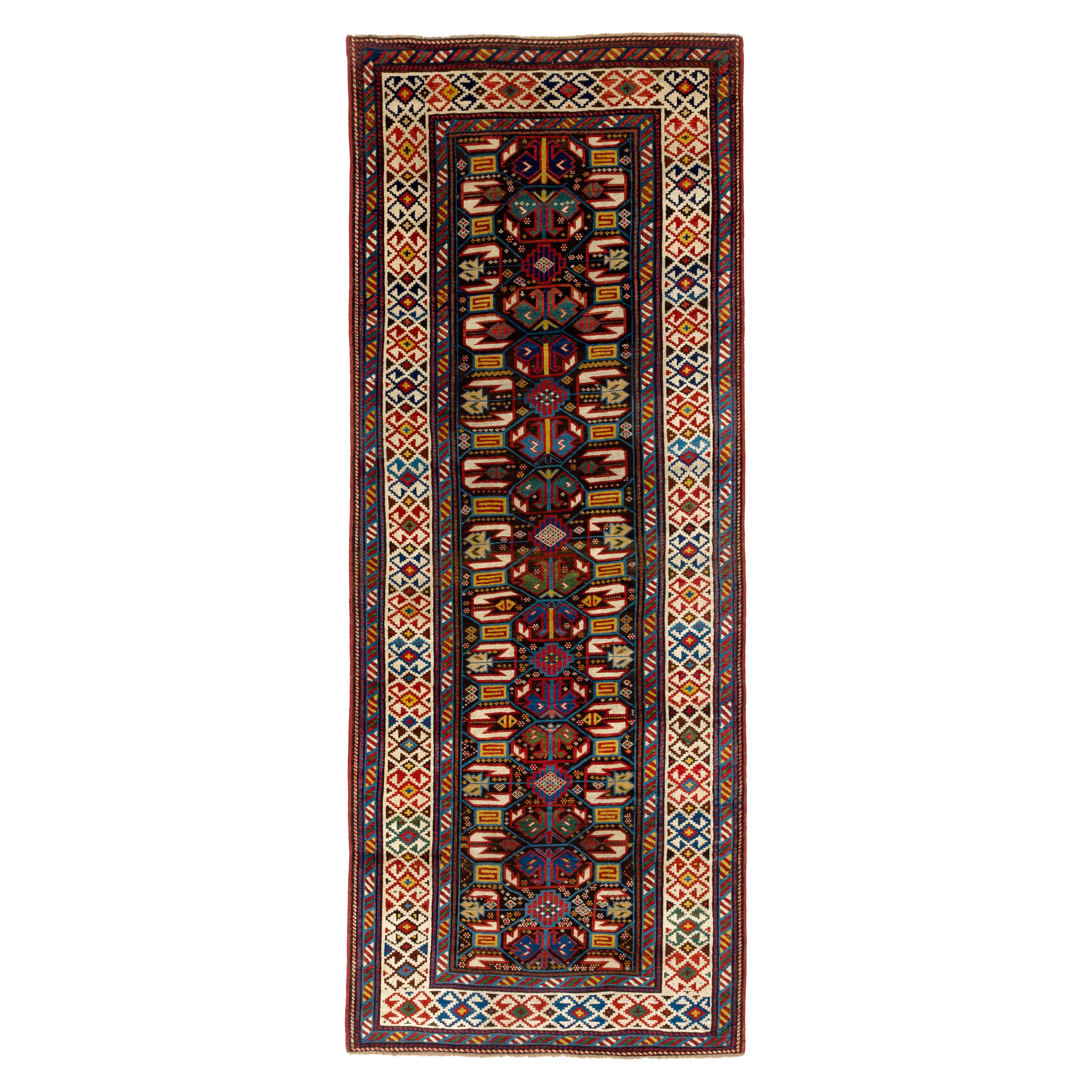 Antique Kuba caucasien 3,7x9,5 Ft  Runner, tapis Top Shelf Collector. Vers 1870