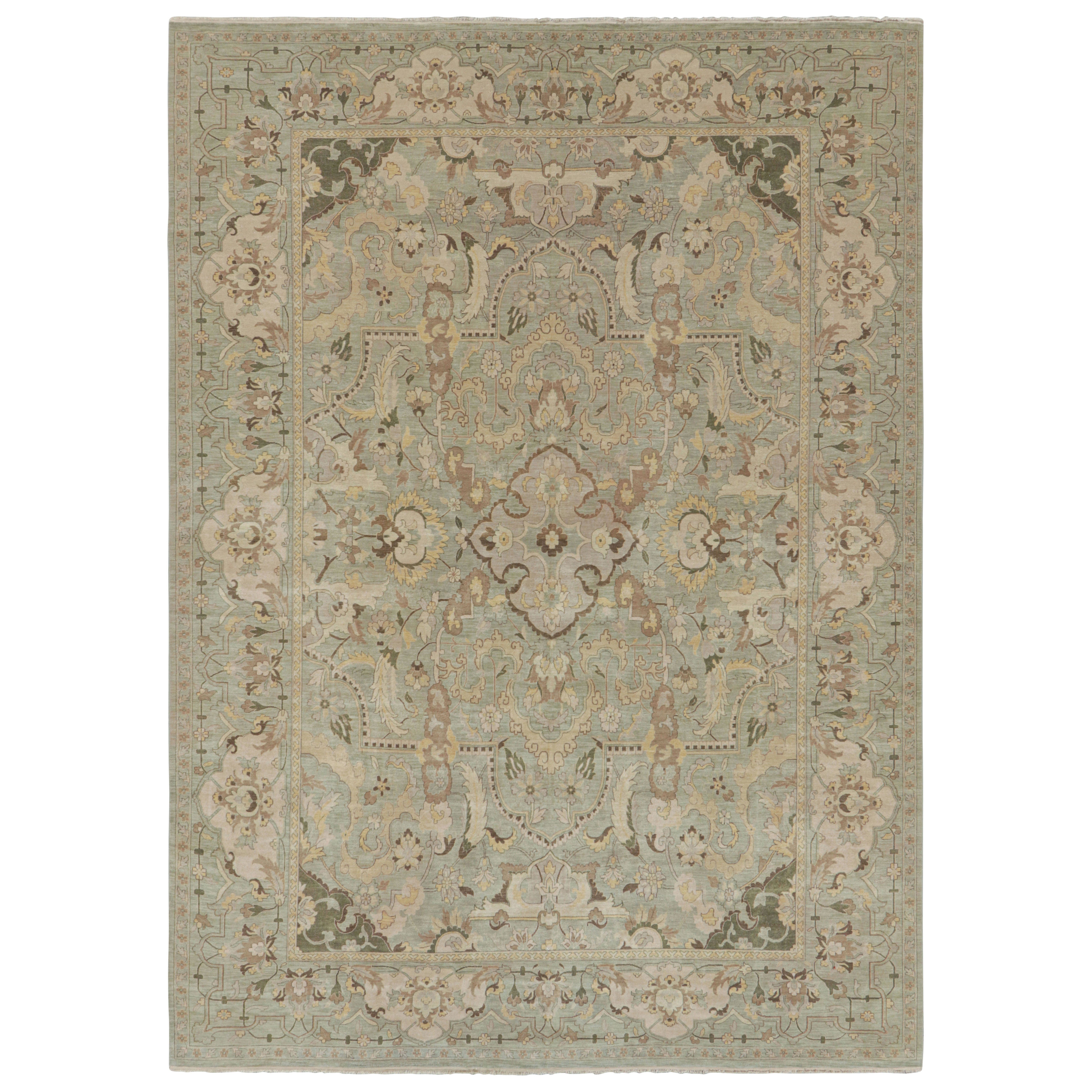 Rug & Kilim’s Polonaise Style Rug in Light Green with Floral Medallions For Sale
