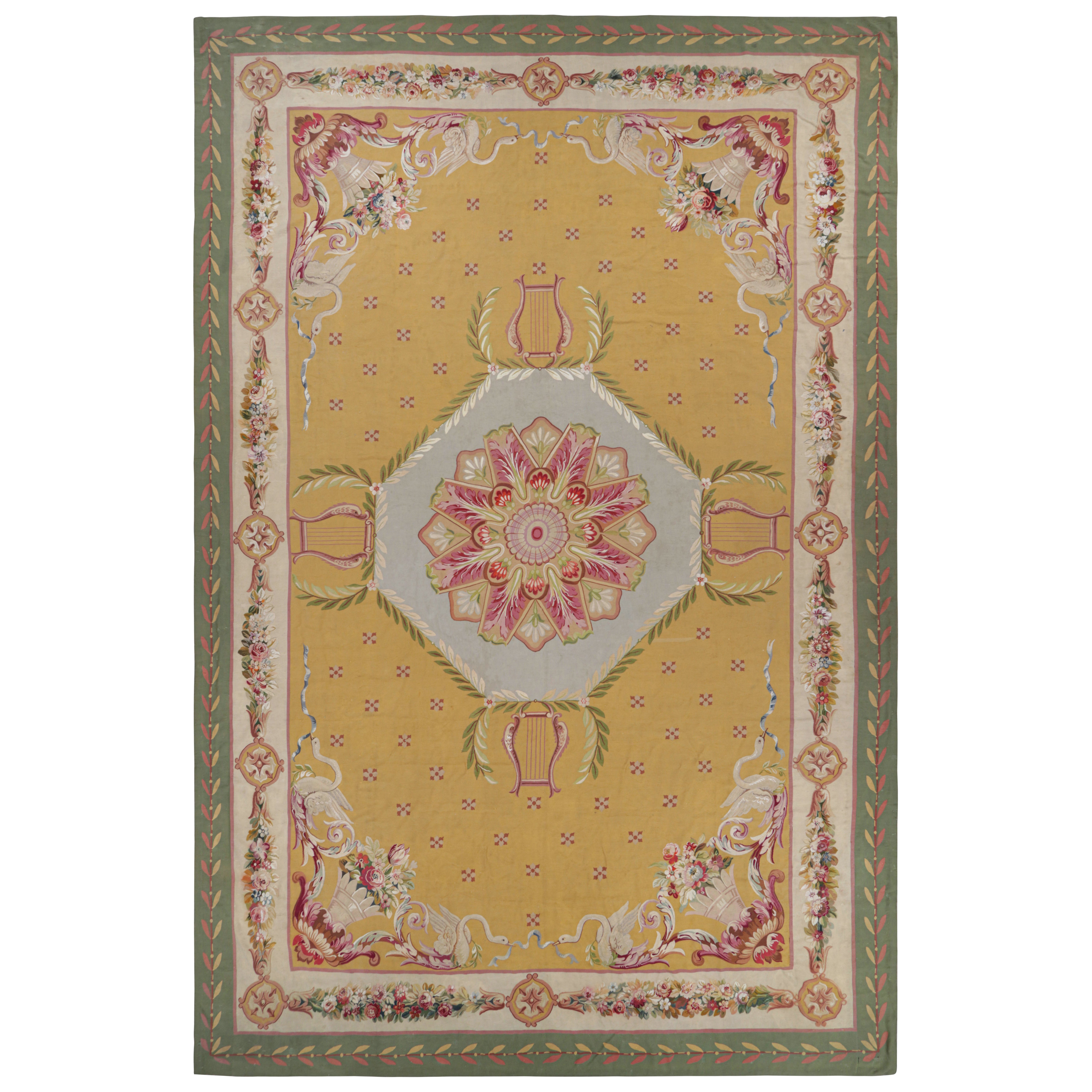 Oversized Antique Aubusson Rug in Gold with Floral Medallion  Rug & Kilim