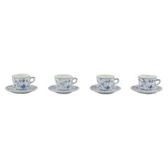 Royal Copenhagen Blue Fluted Plain. Four coffee cups with saucers. 1960s/70s