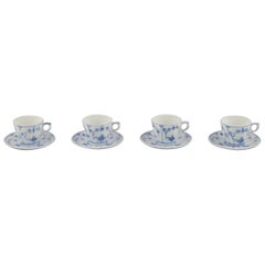 Royal Copenhagen Blue Fluted Plain. Four coffee cups with saucers, 1969-1974