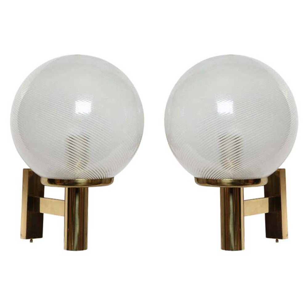 1970 Venini Filigrana White Murano Glass  Italian Design 2 Wall Lamps Sconces