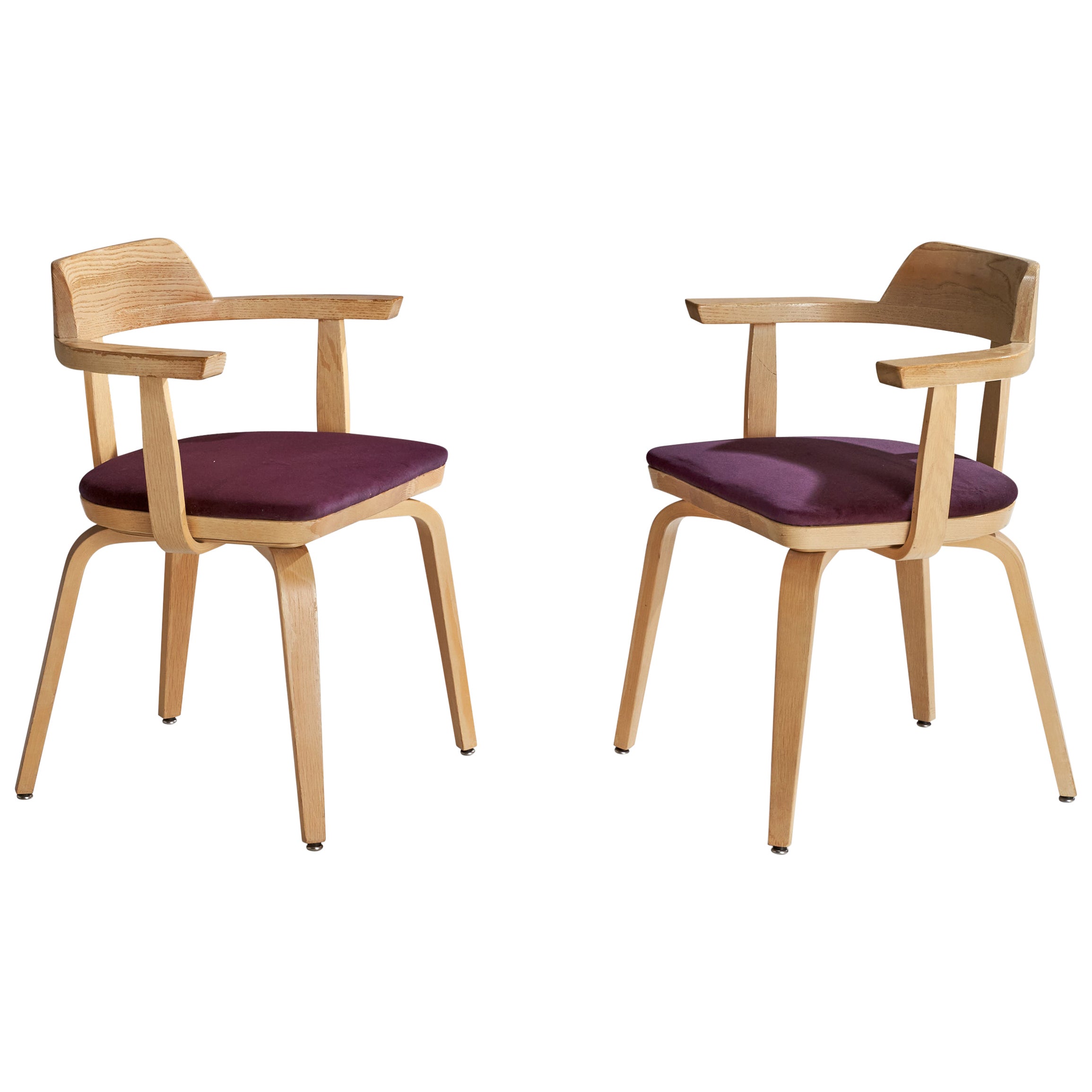 Walter Gropius, Armchairs, Oak, Velvet, USA, 1970s