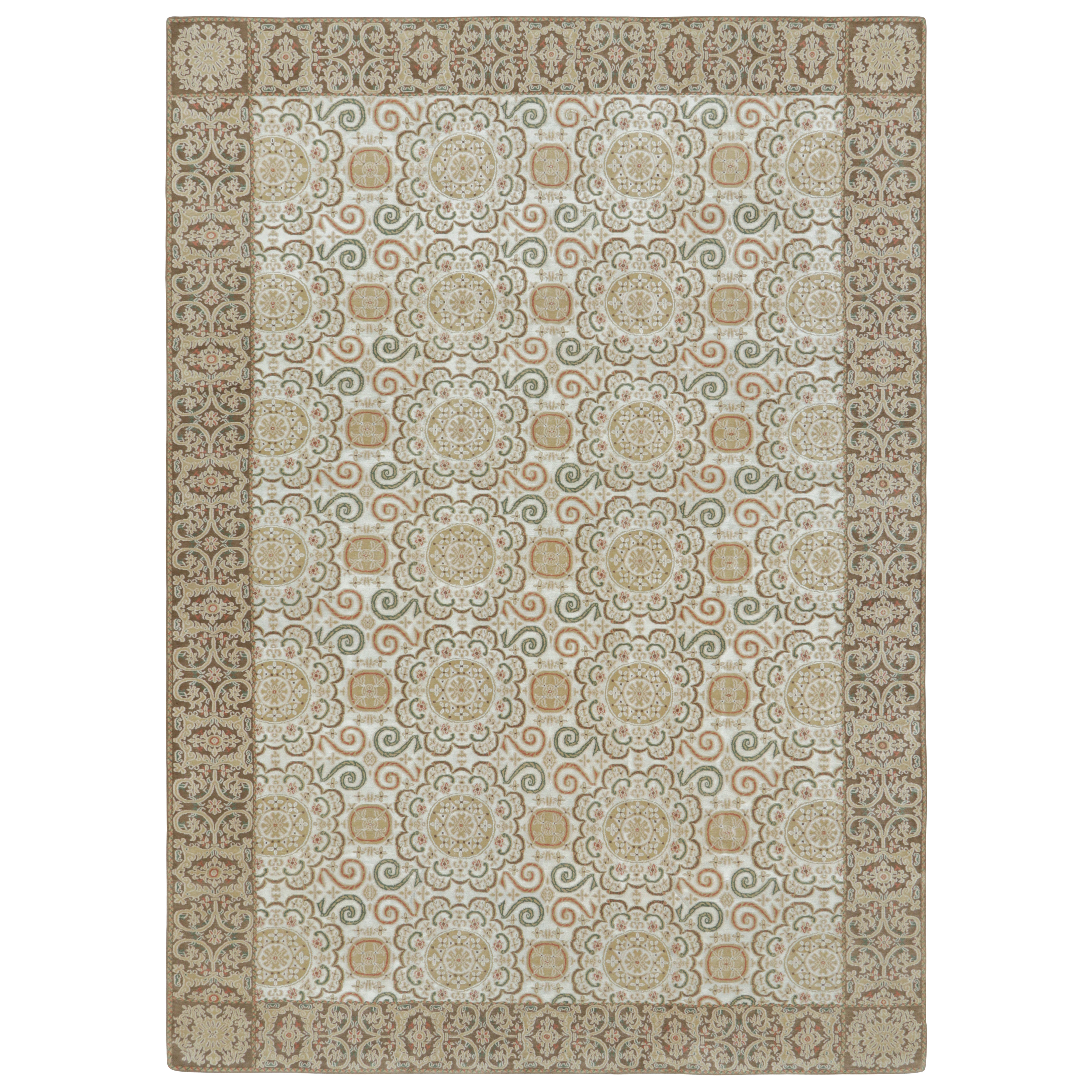 Rug & Kilim’s European Style Rug in Cream-White with Medallions in Green & Beige
