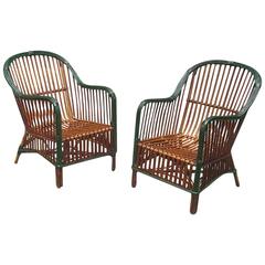 Antique Matching Pair of Stick Wicker Armchairs