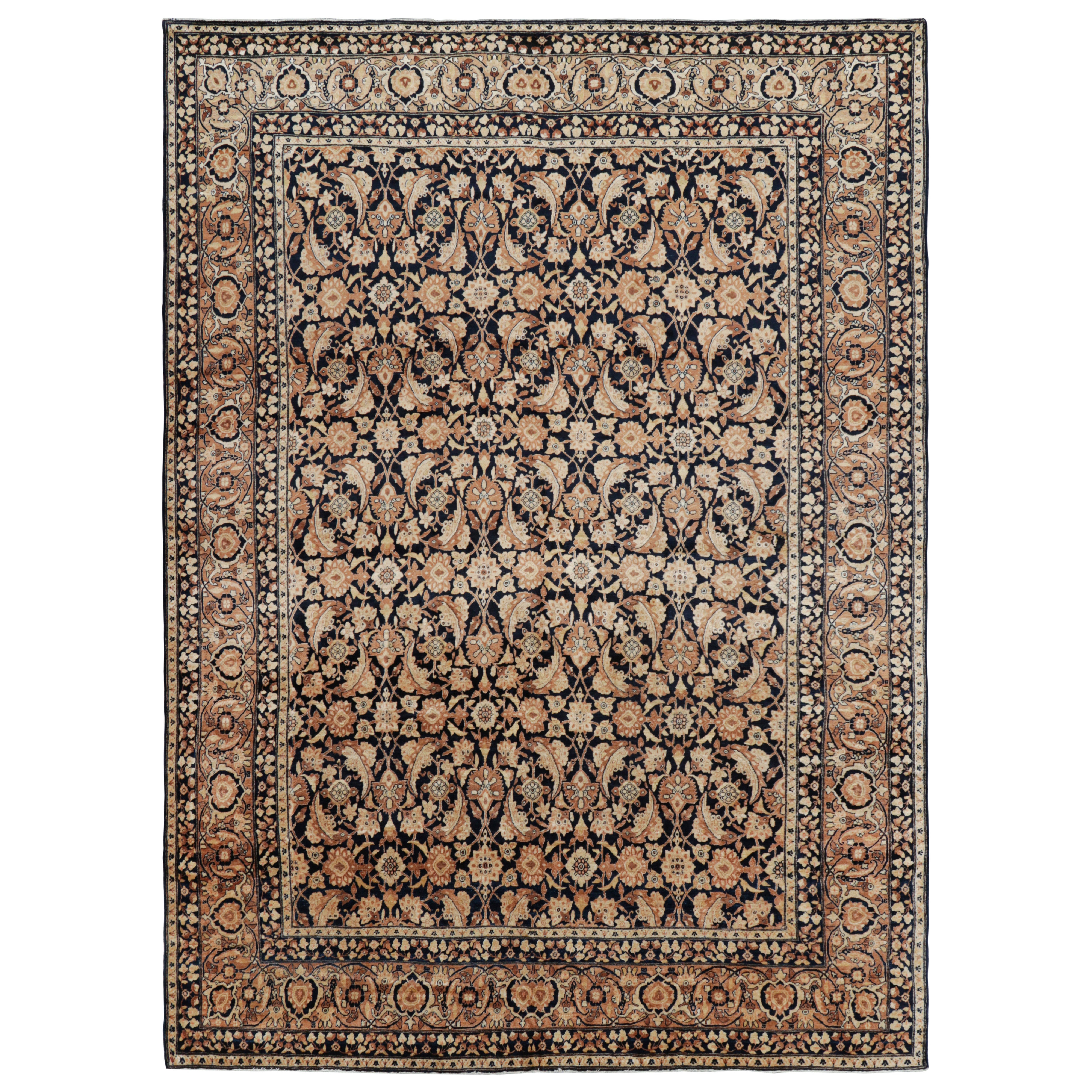 Antique Persian Yazd Rug with Beige-Brown Floral Patterns  Rug & Kilim
