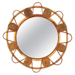 Espejo Sunburst de ratán con borde en bucle y detalles de filigrana, Francia Años 50