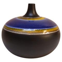 Italienische übergroße Vintage-Keramikvase in Übergröße mit blauer und gelber glasierter Bänderung
