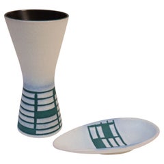 Vintage German Ceramic Diabolo Vase and Dish Set in Teal and White by Steuler