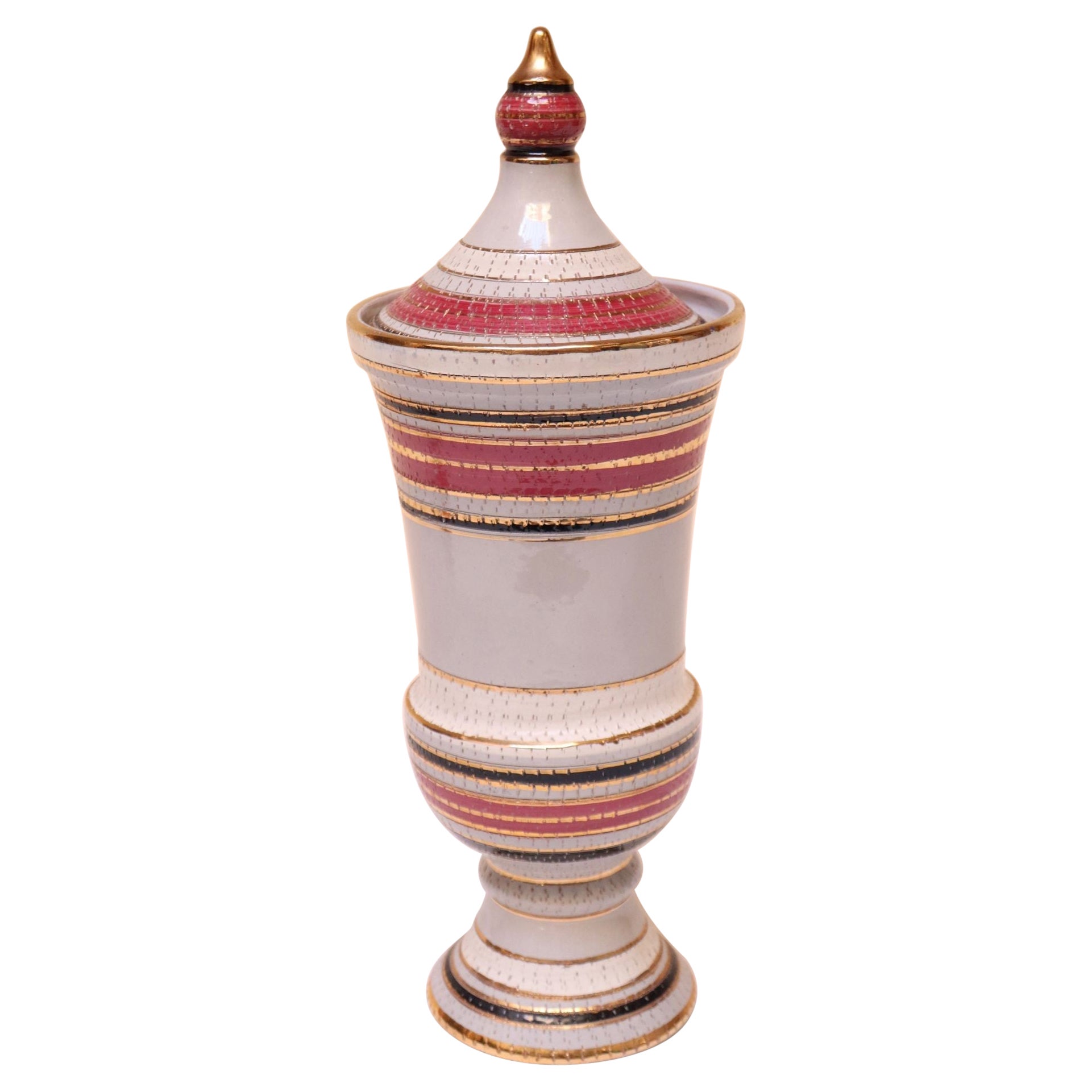 Vintage Italian Raymor White Glazed Ceramic Lidded Jar in Pink, Black, and Gold For Sale