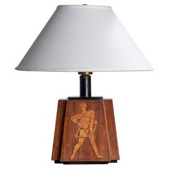 Mjölby Intarsia Attribution, Table Lamp, Brass, Metal, Wood, Sweden, 1940s