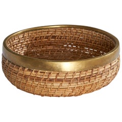 Ciotola di design italiano, rattan, bambù, ottone, Italia, anni '70