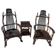 Antique 1930s Amish Hickory and Bentwood Rockers and Side Table