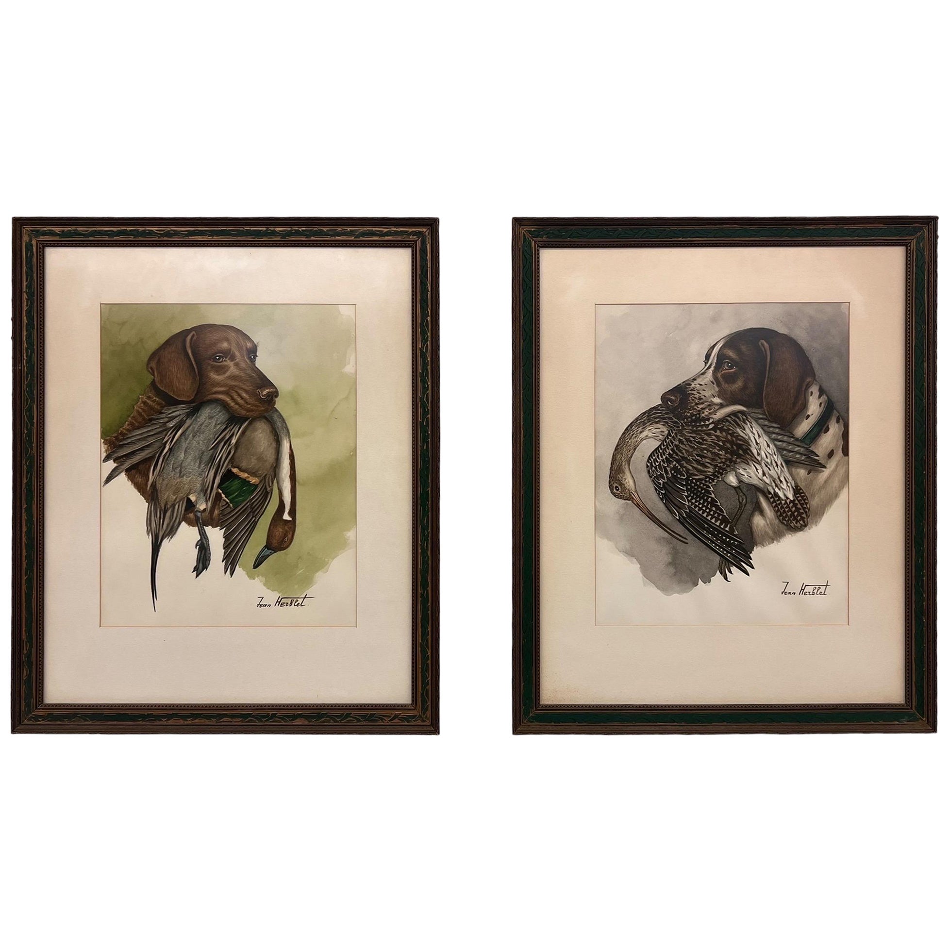 Pair of Original Hunting Dogs with Foul Watercolor Painting by French Artist