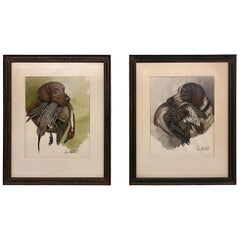 Pair of Original Hunting Dogs with Foul Watercolor Painting by French Artist