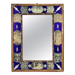 Antique 19th c. Venetian Murano Mirror with Blue Glass and Reverse Etched Mirror Plates
