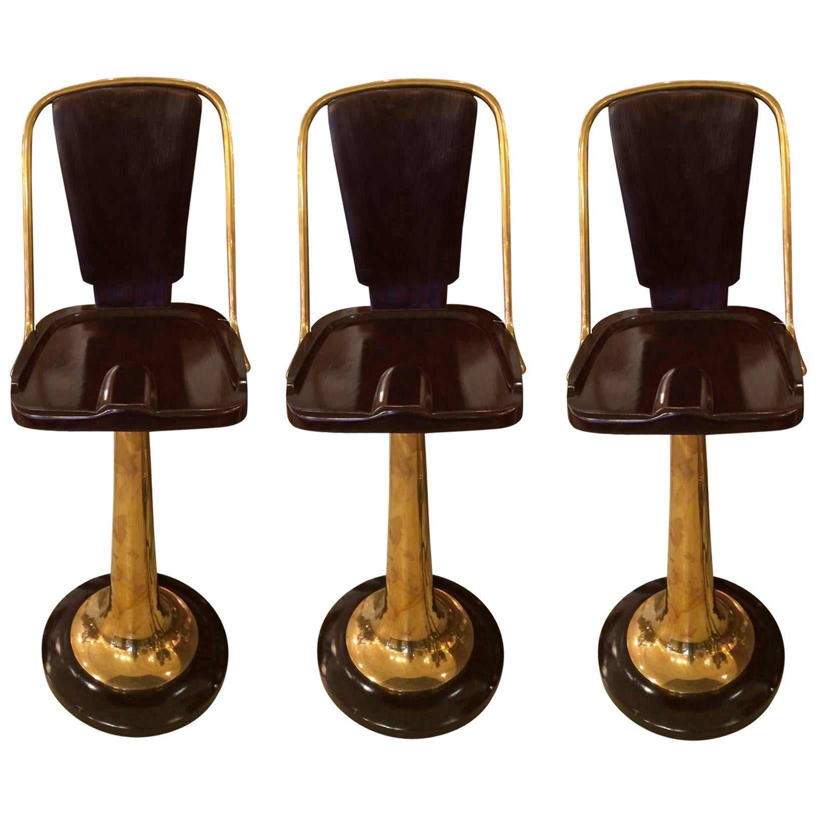Three Art Deco Mahogany and Brass Bar or Counter Stools