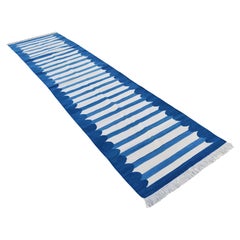 Handmade Cotton Area Flat Weave Runner, 3x12 Blue, White Scallop Indian Dhurrie