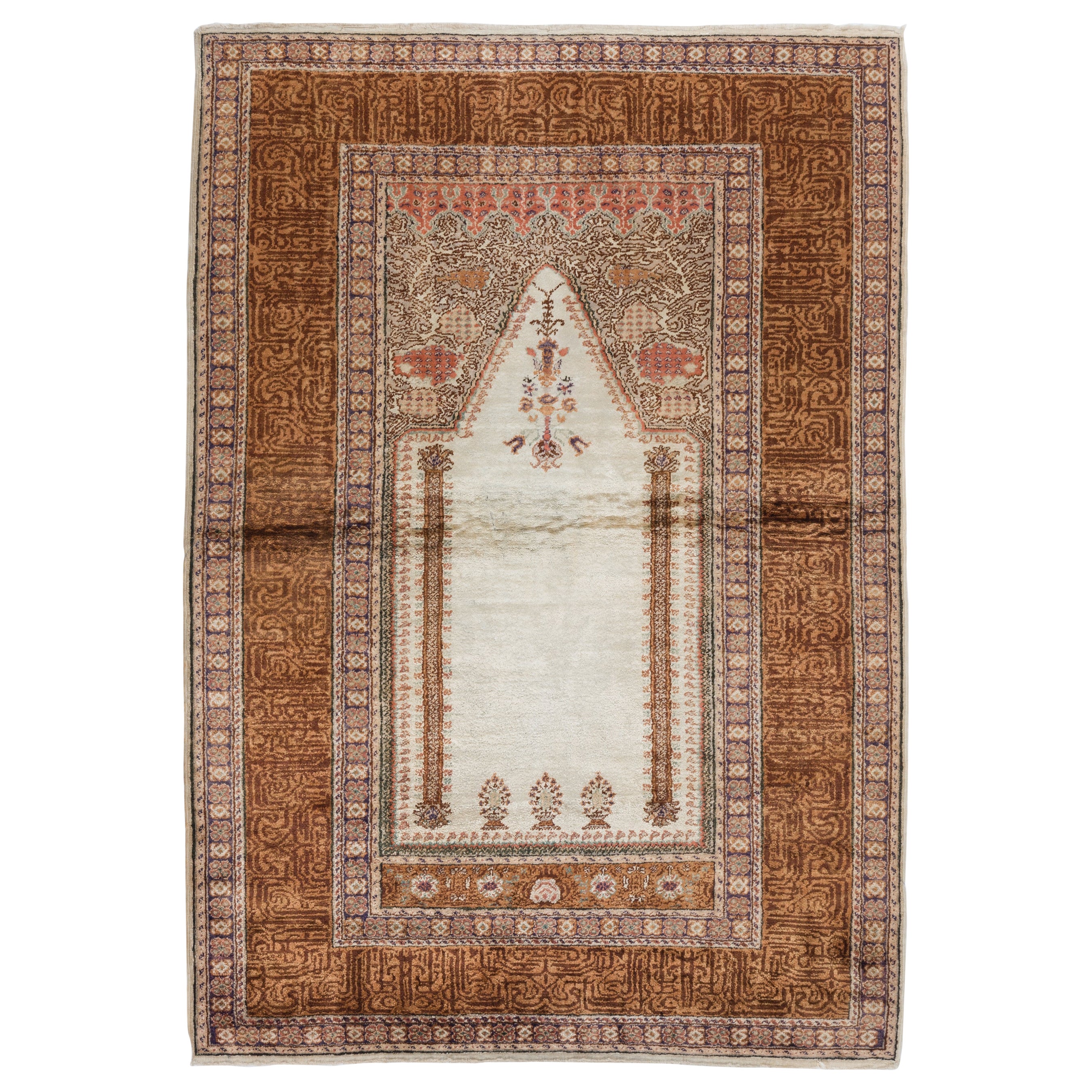 Alfombra de oración de seda de arte turco de 4x6 pies, única en su género, hecha a mano. Alfombra de oración vintage