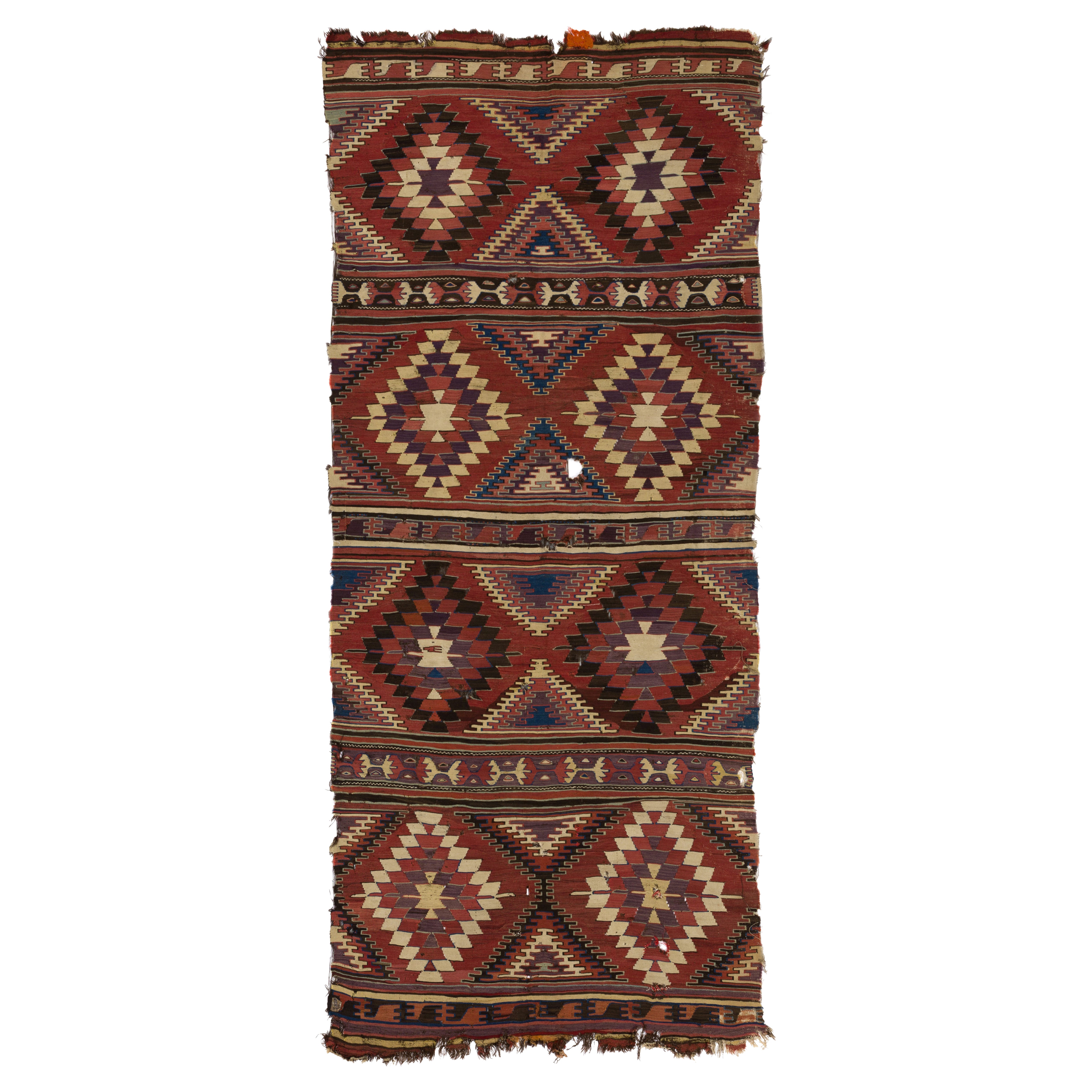 5'3'' x 12'6'' Antiker türkischer Konya-Kelim, Flachgewebe-Teppich. Um 1850